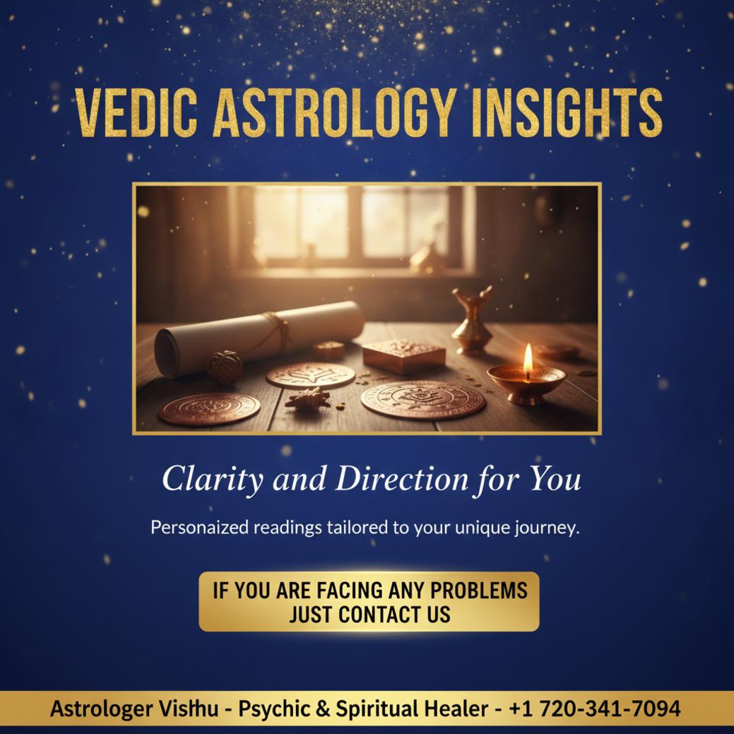 Traditional vedic astrology tools on a wooden table in Centennial, CO