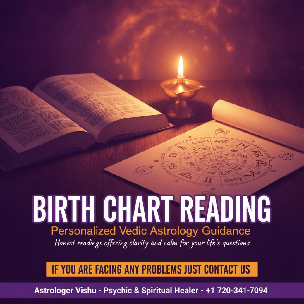 Birth chart reading materials and Vedic astrology tools in Colorado Springs room