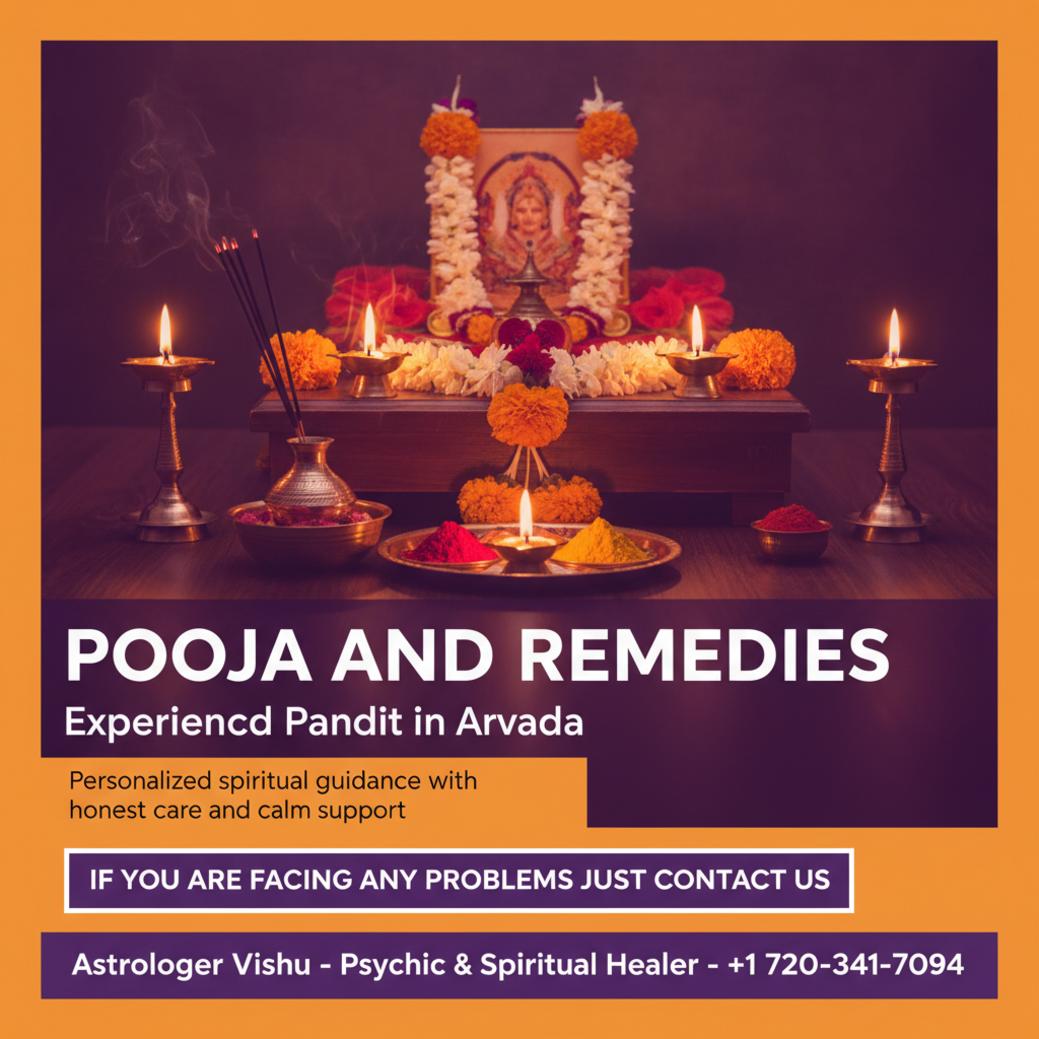 Pandit for pooja and remedies setup with traditional items in Arvada lighting
